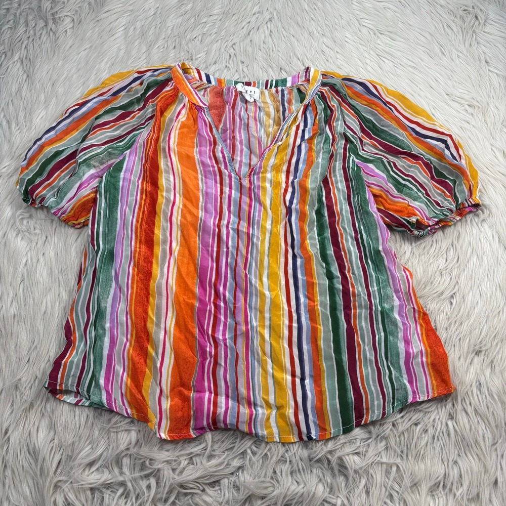 Velvet by Graham & Spencer Women's S Striped Puff Sleeve Blouse Dopamine Artsy